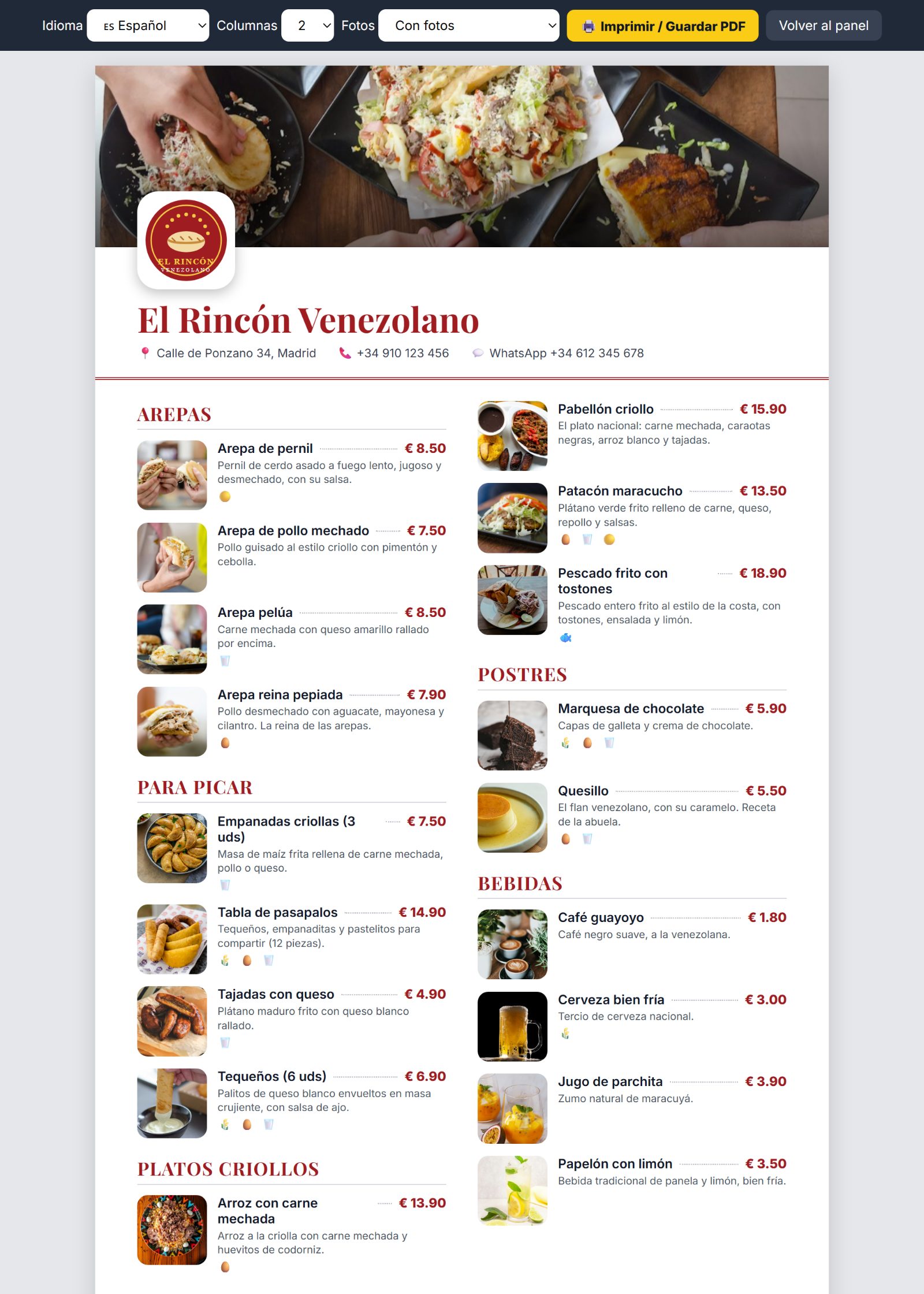 Carta del restaurante lista para imprimir en PDF