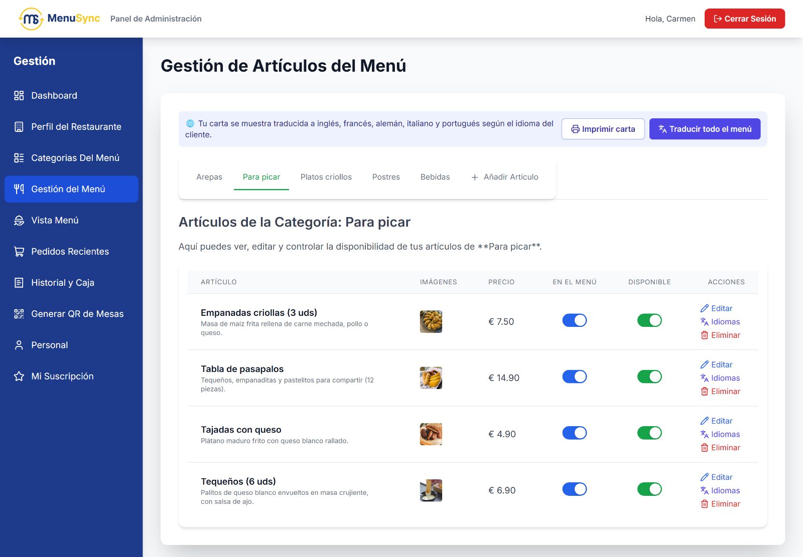 Gestión del menú: platos con foto, precio y disponibilidad