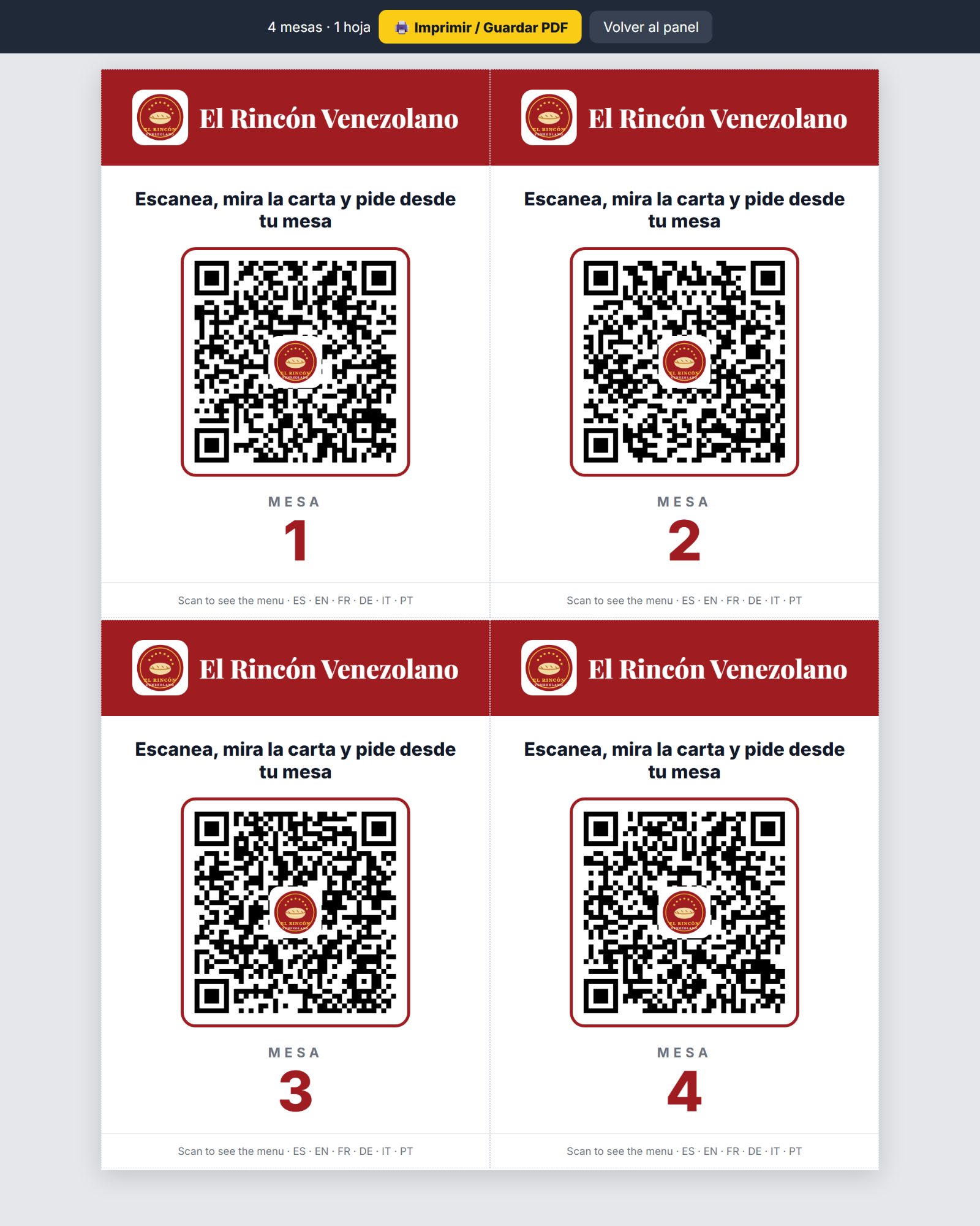 Tarjetas con el código QR de cada mesa