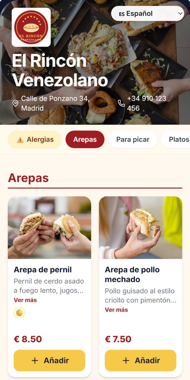 Carta digital de El Rincón Venezolano en el móvil