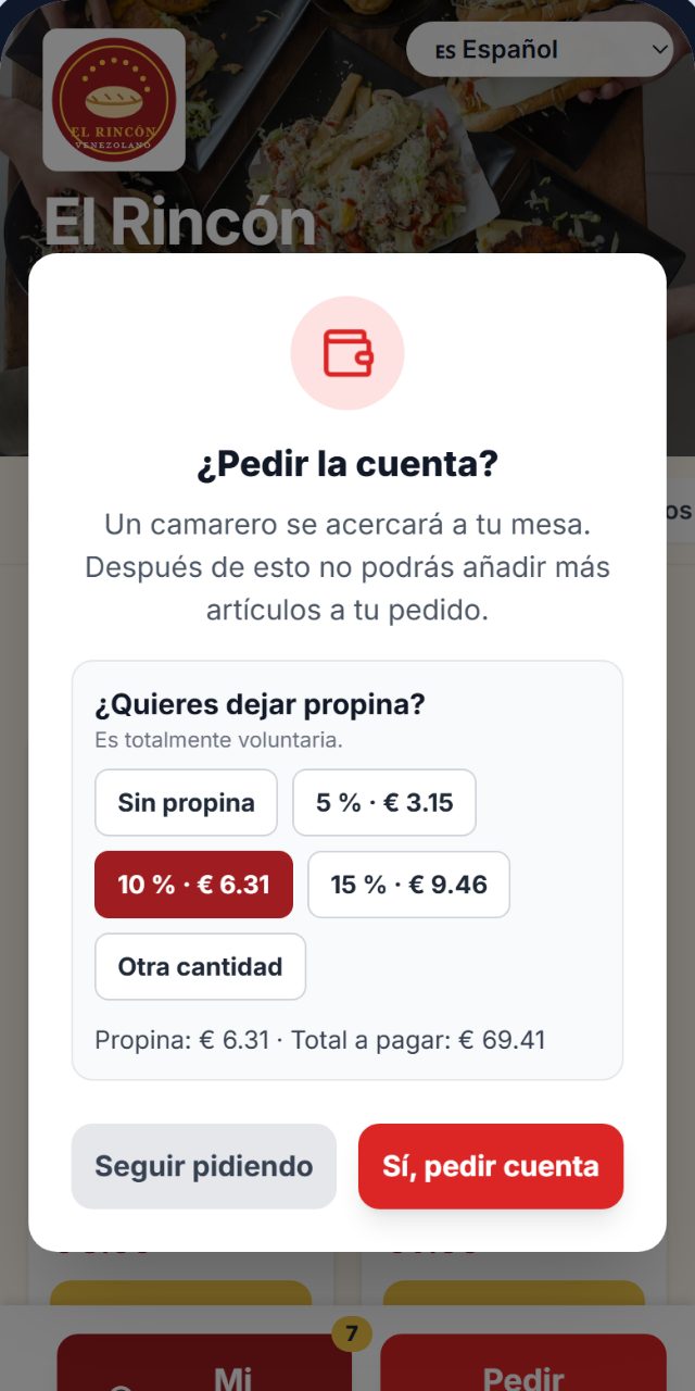 Pedir la cuenta desde el móvil con propina voluntaria