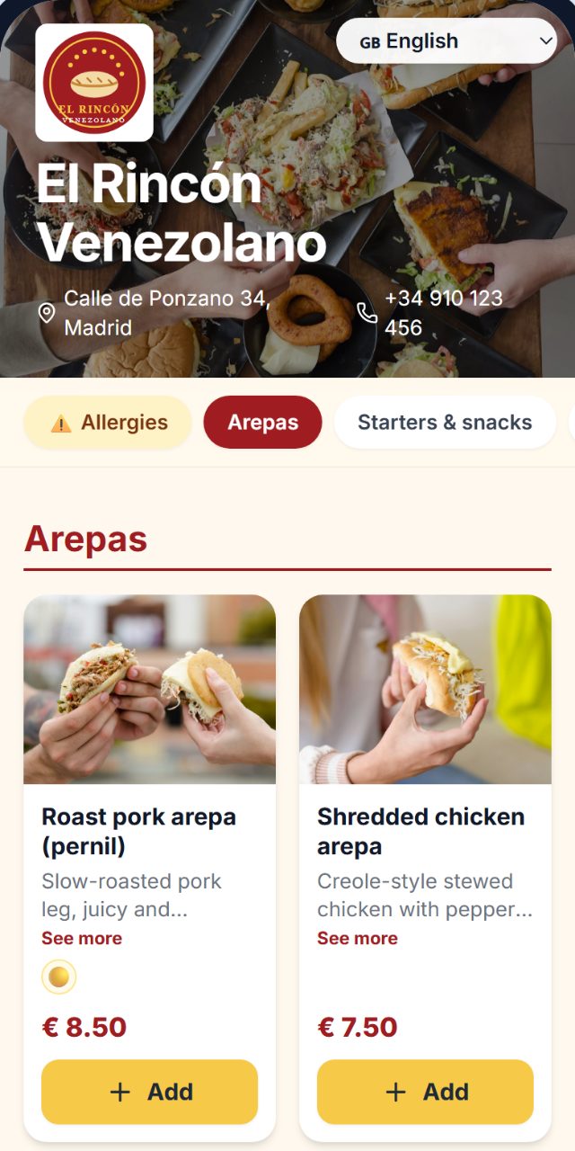 Carta en inglés en el móvil del cliente